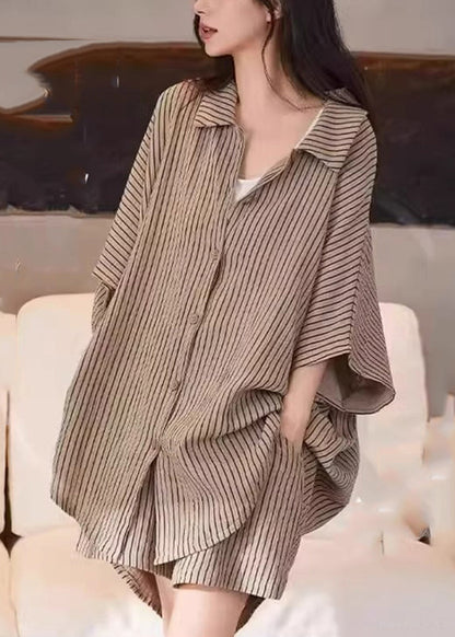 Khaki Peter Pan Collar Striped Shirt and Shorts Two Piece Set Summer Qb029