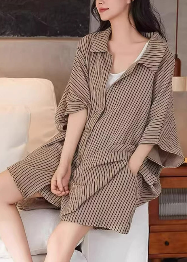 Khaki Peter Pan Collar Striped Shirt and Shorts Two Piece Set Summer Qb029