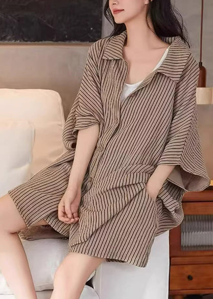 Khaki Peter Pan Collar Striped Shirt and Shorts Two Piece Set Summer Qb029