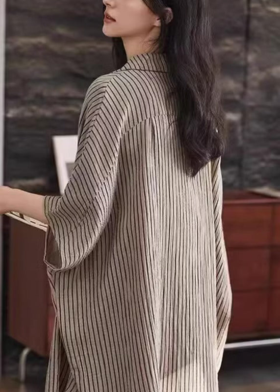 Khaki Peter Pan Collar Striped Shirt and Shorts Two Piece Set Summer Qb029