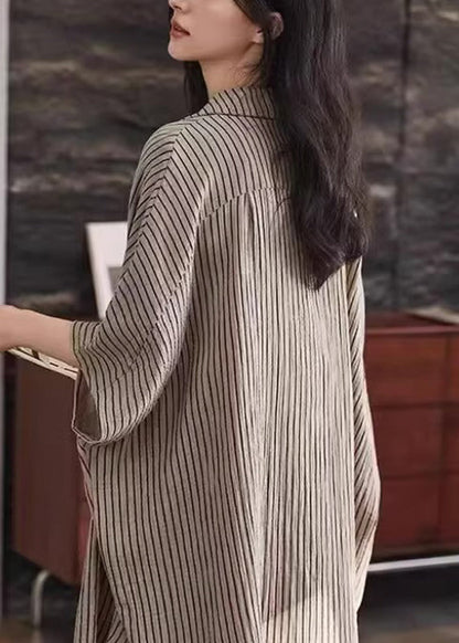 Khaki Peter Pan Collar Striped Shirt and Shorts Two Piece Set Summer Qb029