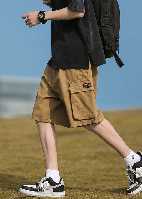 Cotton Elastic Pockets Khaki Summer Waist Shorts
