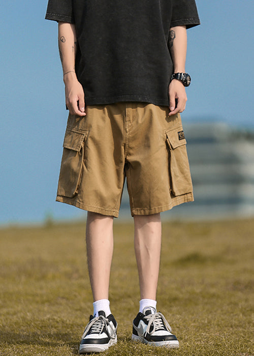 Cotton Elastic Pockets Khaki Summer Waist Shorts