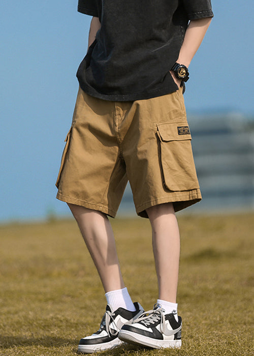 Cotton Elastic Pockets Khaki Summer Waist Shorts