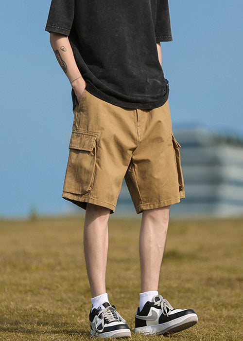 Cotton Elastic Pockets Khaki Summer Waist Shorts