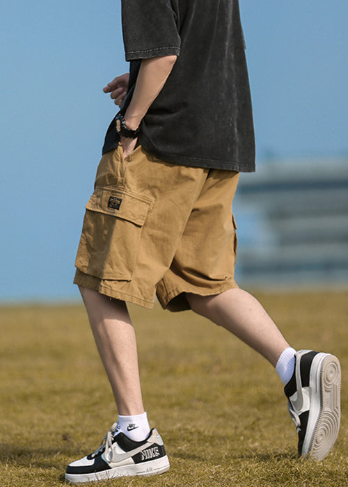Cotton Elastic Pockets Khaki Summer Waist Shorts