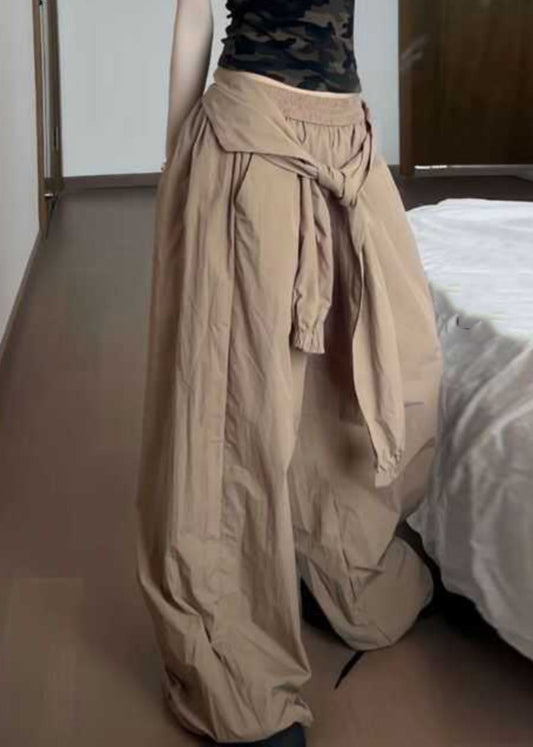 Khaki Pockets Elastic Waist Cotton Pants Summer Pp001