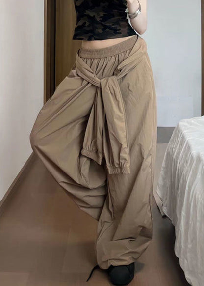 Khaki Pockets Elastic Waist Cotton Pants Summer Pp001
