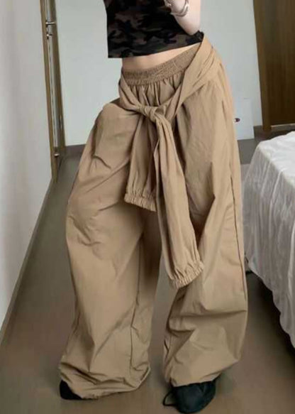 Khaki Pockets Elastic Waist Cotton Pants Summer Pp001