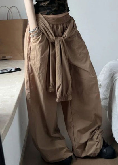 Khaki Pockets Elastic Waist Cotton Pants Summer Pp001