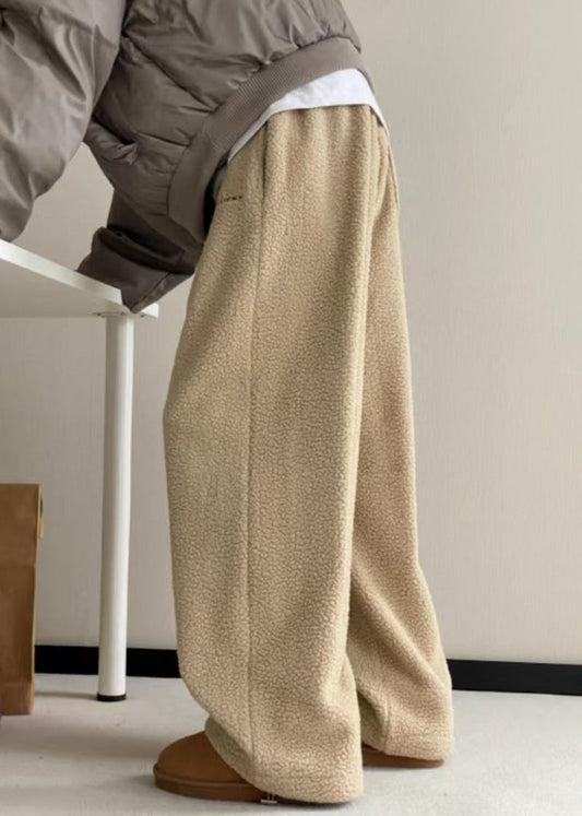 Khaki Pockets Elastic Waist Teddy Faux Fur Pants Winter Rm037