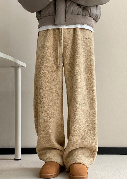 Khaki Pockets Elastic Waist Teddy Faux Fur Pants Winter Rm037