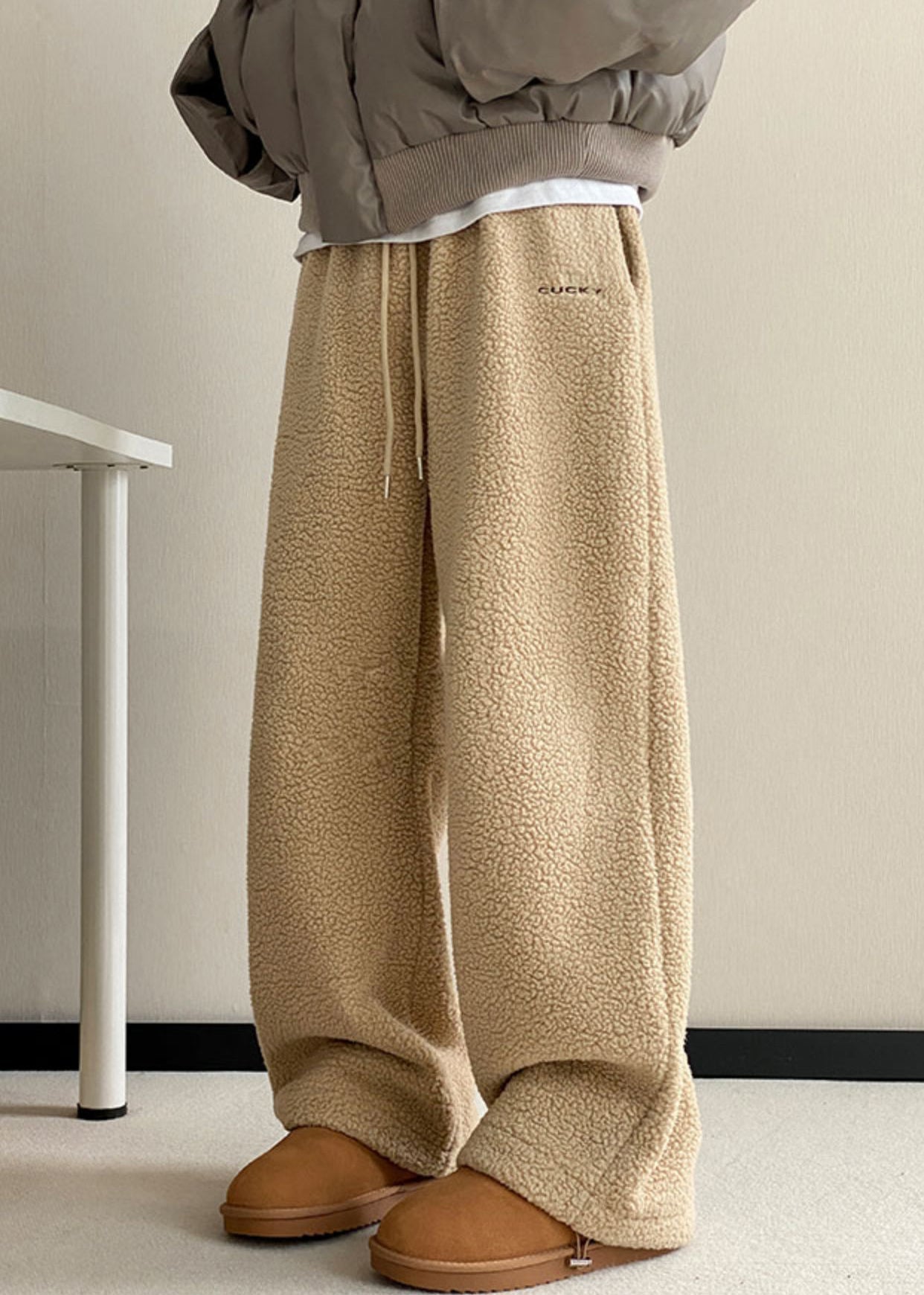 Khaki Pockets Elastic Waist Teddy Faux Fur Pants Winter Rm037