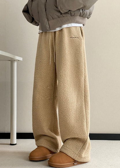 Khaki Pockets Elastic Waist Teddy Faux Fur Pants Winter Rm037
