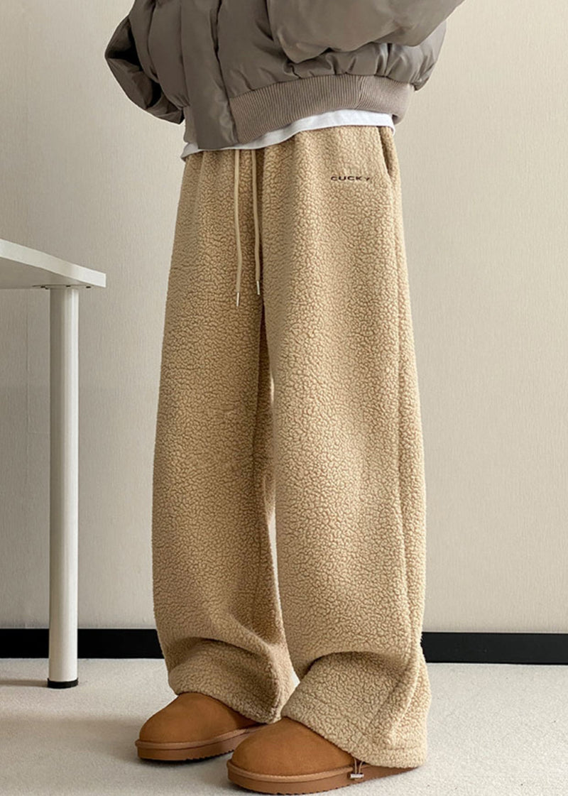 Khaki Pockets Elastic Waist Teddy Faux Fur Pants Winter Rm037