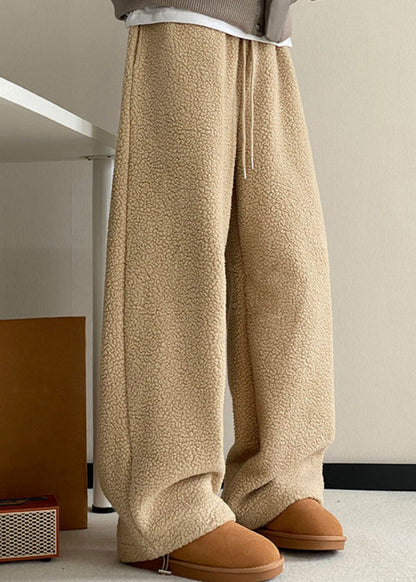 Khaki Pockets Elastic Waist Teddy Faux Fur Pants Winter Rm037