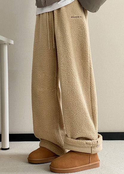 Khaki Pockets Elastic Waist Teddy Faux Fur Pants Winter Rm037