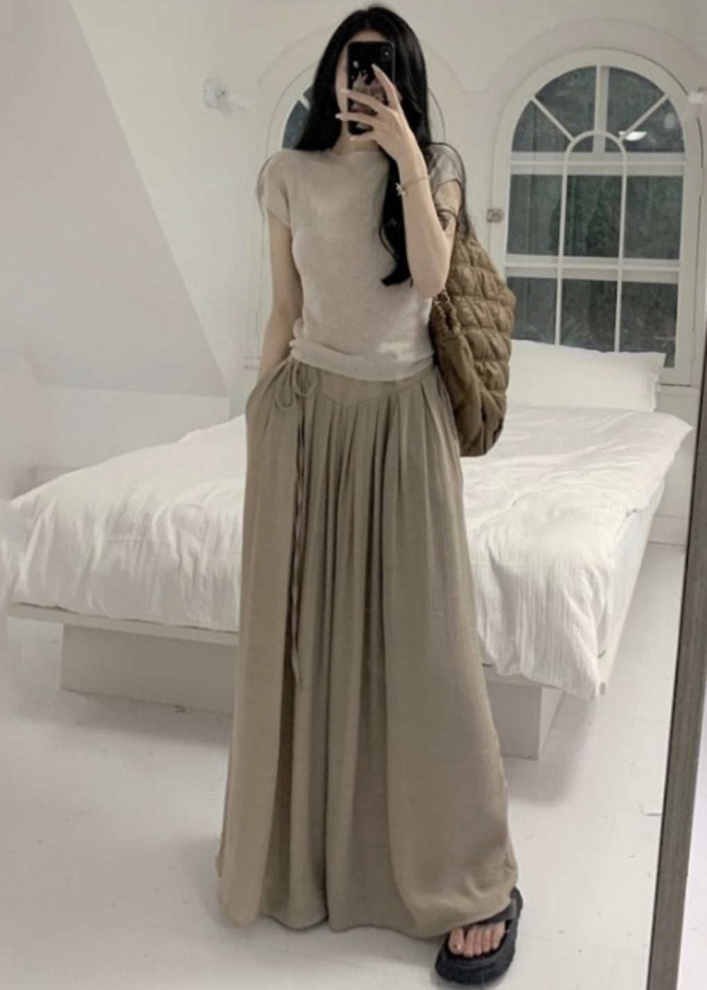 Khaki Silm Fit Tops and Wide Leg Pants Two Pieces Set Summer Tz010
