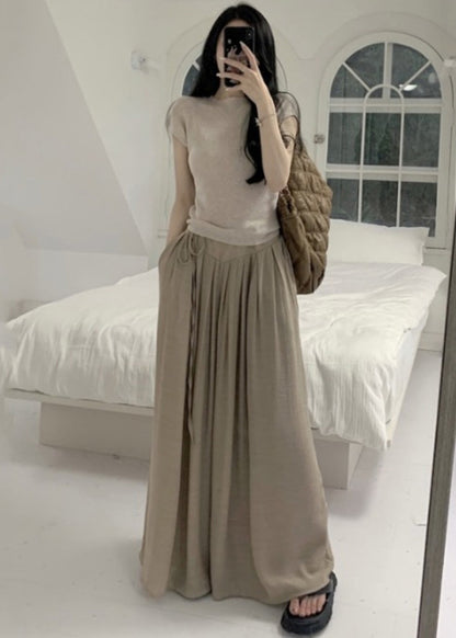 Khaki Silm Fit Tops and Wide Leg Pants Two Pieces Set Summer Tz010