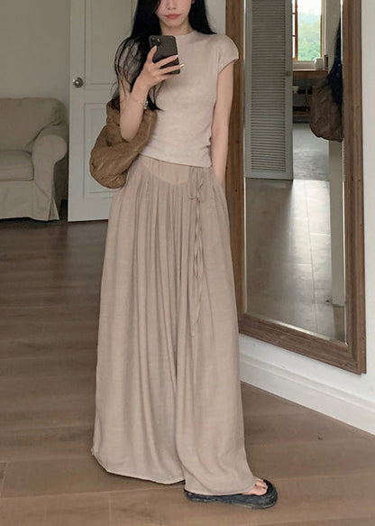 Khaki Silm Fit Tops and Wide Leg Pants Two Pieces Set Summer Tz010