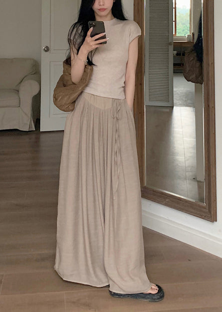 Khaki Silm Fit Tops and Wide Leg Pants Two Pieces Set Summer Tz010