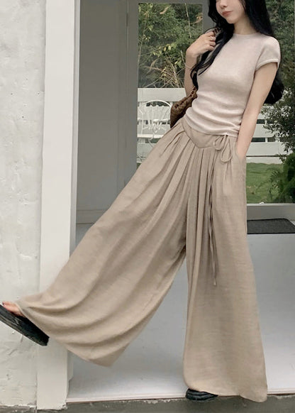 Khaki Silm Fit Tops and Wide Leg Pants Two Pieces Set Summer Tz010