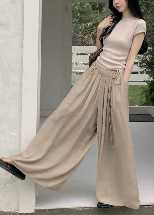 Khaki Silm Fit Tops and Wide Leg Pants Two Pieces Set Summer Tz010