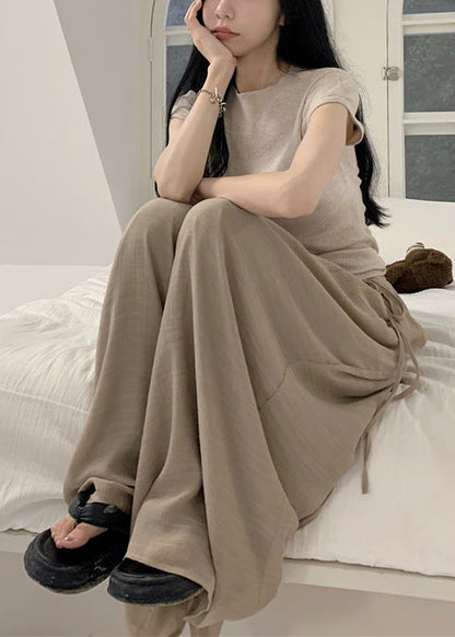 Khaki Silm Fit Tops and Wide Leg Pants Two Pieces Set Summer Tz010