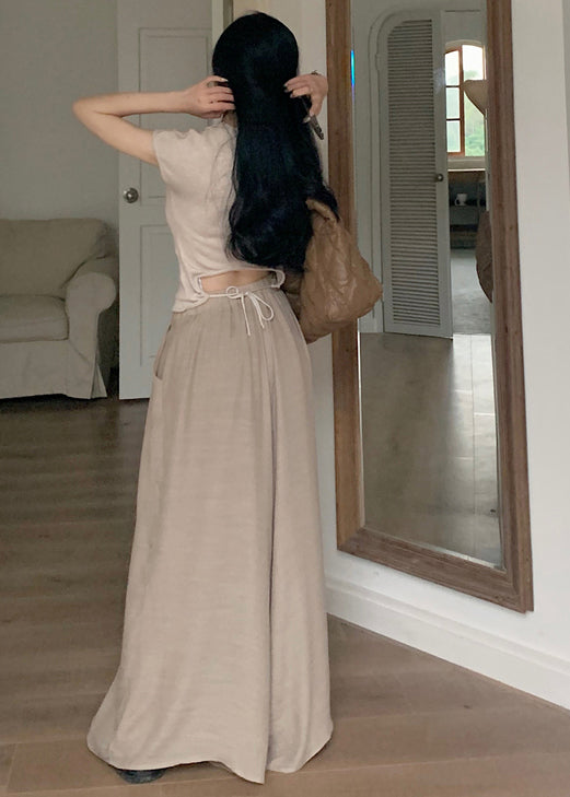 Khaki Silm Fit Tops and Wide Leg Pants Two Pieces Set Summer Tz010