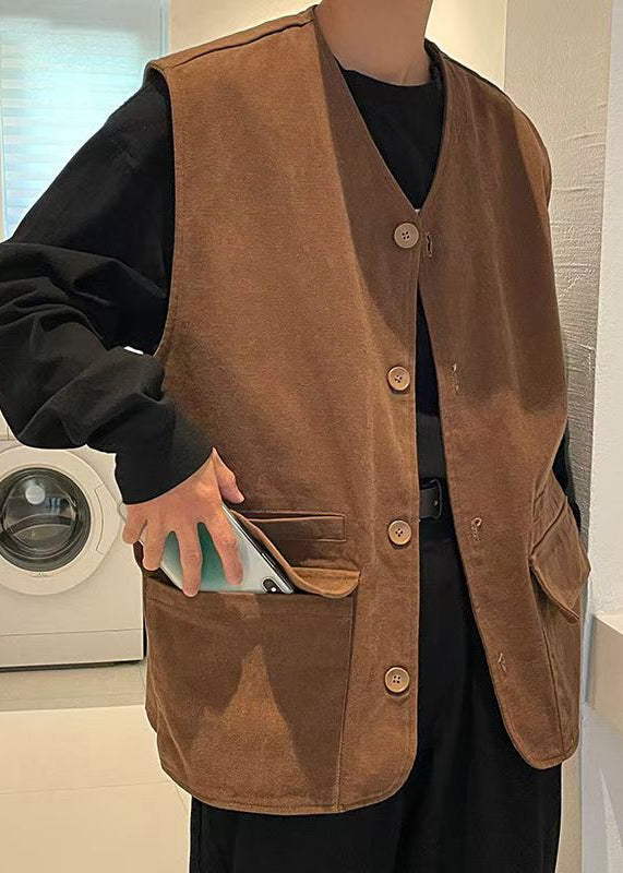 Khaki V Neck Button Pockets Cotton Waistcoat Sleeveless Rj034