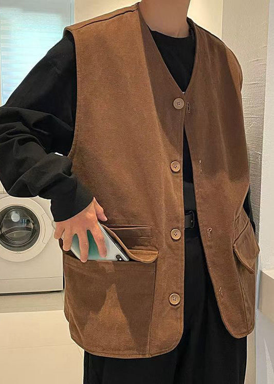 Khaki V Neck Button Pockets Cotton Waistcoat Sleeveless Rj034