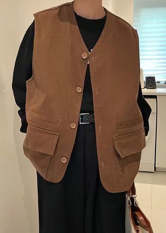 Khaki V Neck Button Pockets Cotton Waistcoat Sleeveless Rj034