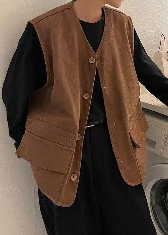 Khaki V Neck Button Pockets Cotton Waistcoat Sleeveless Rj034