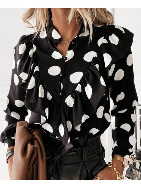 Leopard Dot Print Ruffle Blouse Shirt Autumn Winter Long Sleeve Shirts Office Lady V-neck Button Tops Blusa