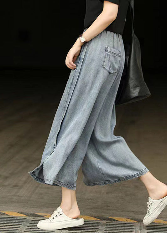 Light Blue Elastic Waist Side Open Denim Crop Pants Summer Bv087