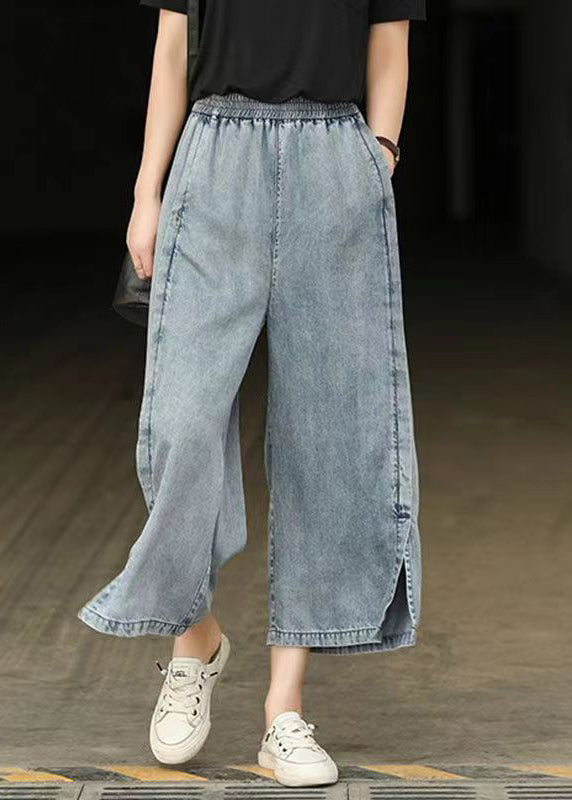 Light Blue Elastic Waist Side Open Denim Crop Pants Summer Bv087