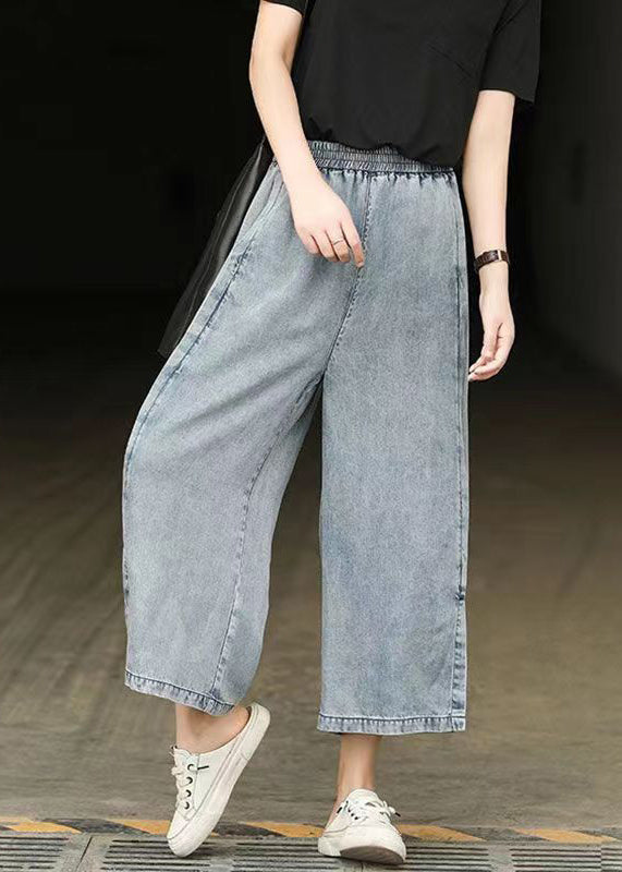Light Blue Elastic Waist Side Open Denim Crop Pants Summer Bv087