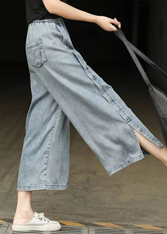 Light Blue Elastic Waist Side Open Denim Crop Pants Summer Bv087