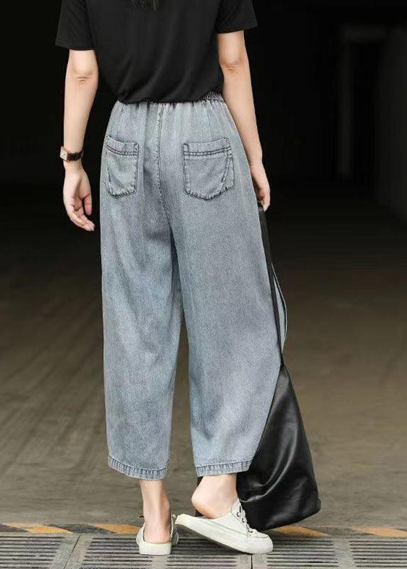 Light Blue Elastic Waist Side Open Denim Crop Pants Summer Bv087
