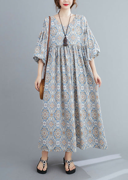 Light Blue Print Wrinkled Long Dresses Lantern Sleeve Ac2012
