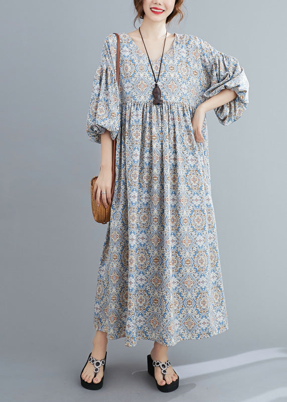 Light Blue Print Wrinkled Long Dresses Lantern Sleeve Ac2012