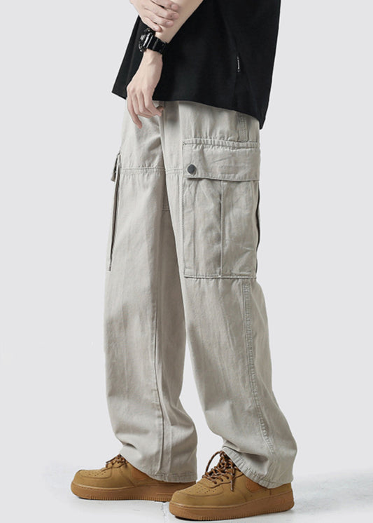 Waist Crop High Pockets Grey Light Cotton Pants