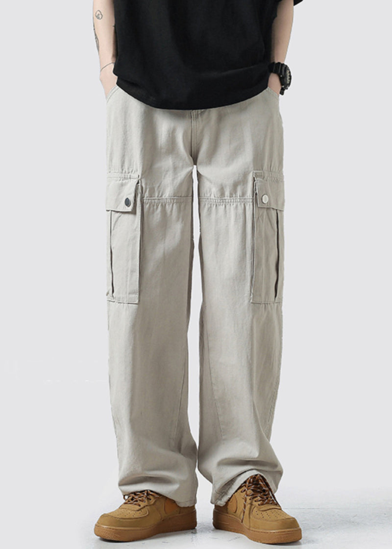 Waist Crop High Pockets Grey Light Cotton Pants