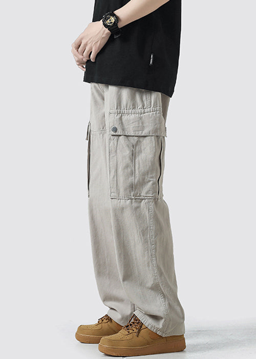Waist Crop High Pockets Grey Light Cotton Pants