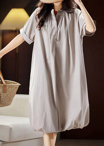 Light Grey Stand Collar Button Cotton Long Dress Summer Ww026