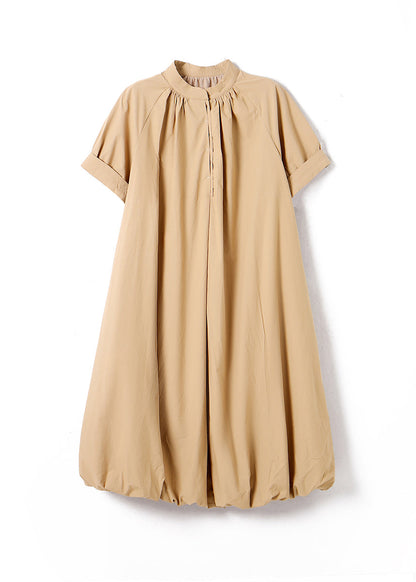 Light Grey Stand Collar Button Cotton Long Dress Summer Ww026