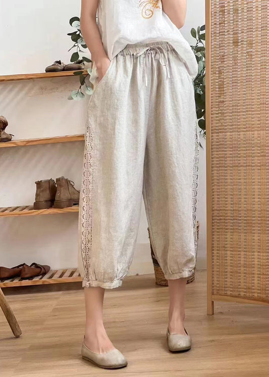 Linen Color Hollow Out Pockets Elastic Waist Harem Pants Summer Bv077