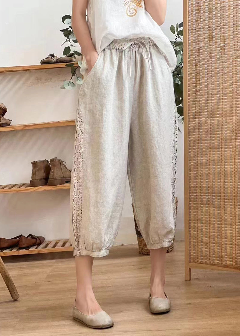 Linen Color Hollow Out Pockets Elastic Waist Harem Pants Summer Bv077