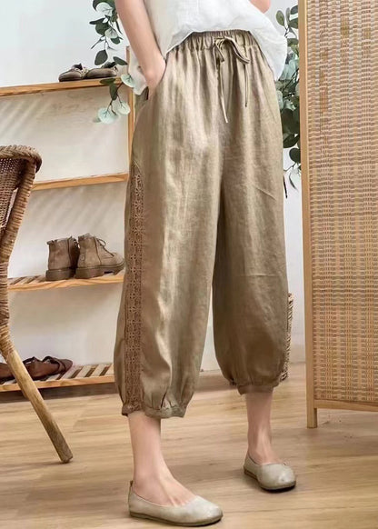 Linen Color Hollow Out Pockets Elastic Waist Harem Pants Summer Bv077