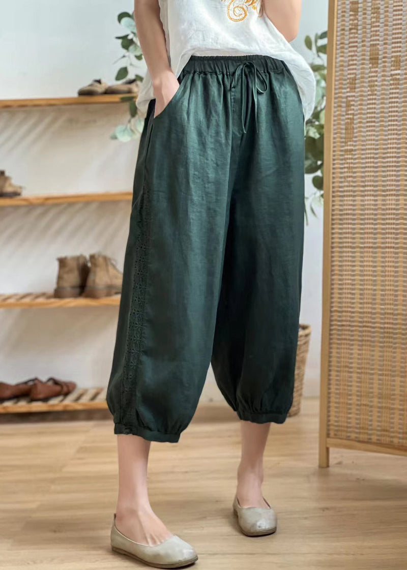 Linen Color Hollow Out Pockets Elastic Waist Harem Pants Summer Bv077